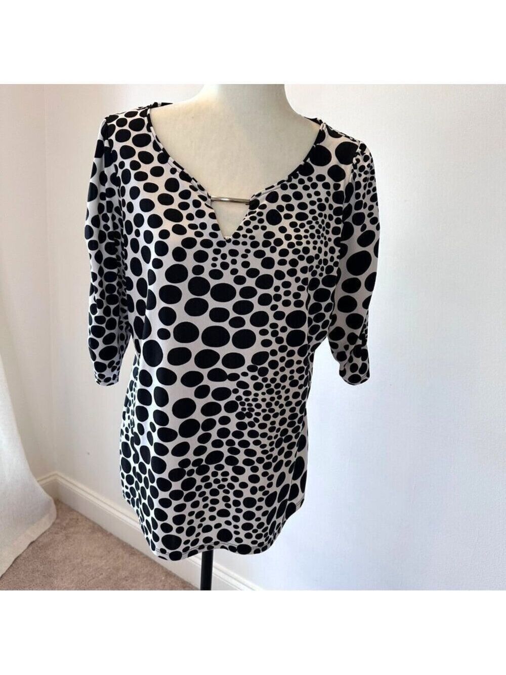 XL Polka Dot Tunic Top Black White Bar Neckline Stretch Blouse Office Classic